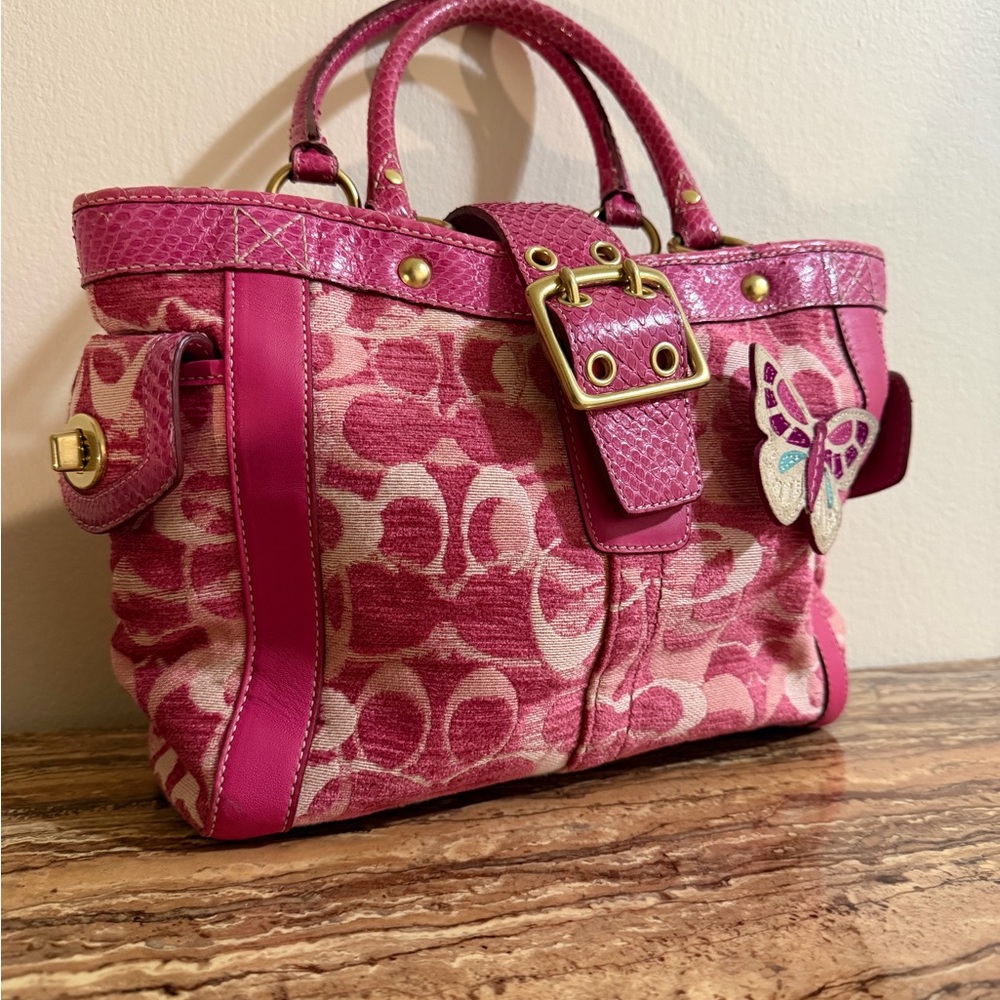 RARE Coach Ltd Ed Chenille C Python trim PINK Boxy Butterfly Tote Bag 8F52